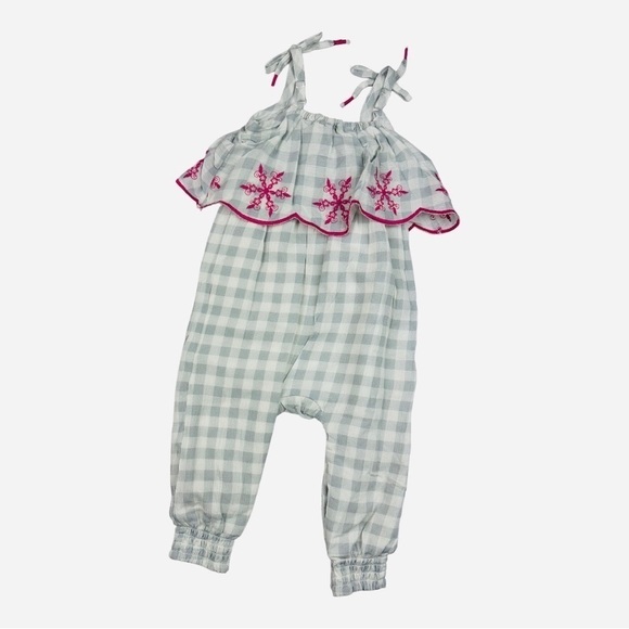 Jessica Simpson Ruffled Romper Gray Check Patten With Pink Embroidery Size 18m - Picture 2 of 4